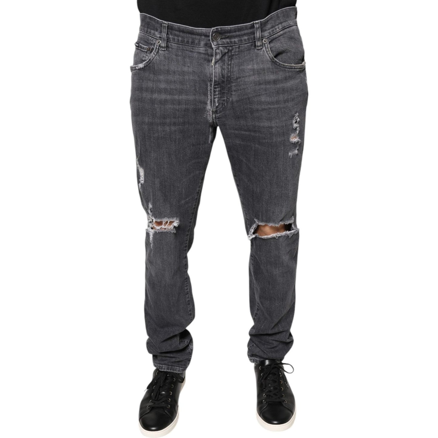 Dolce & Gabbana Dark Gray Tattered Cotton Skinny Denim Jeans Dolce & Gabbana Dark Slate Gray