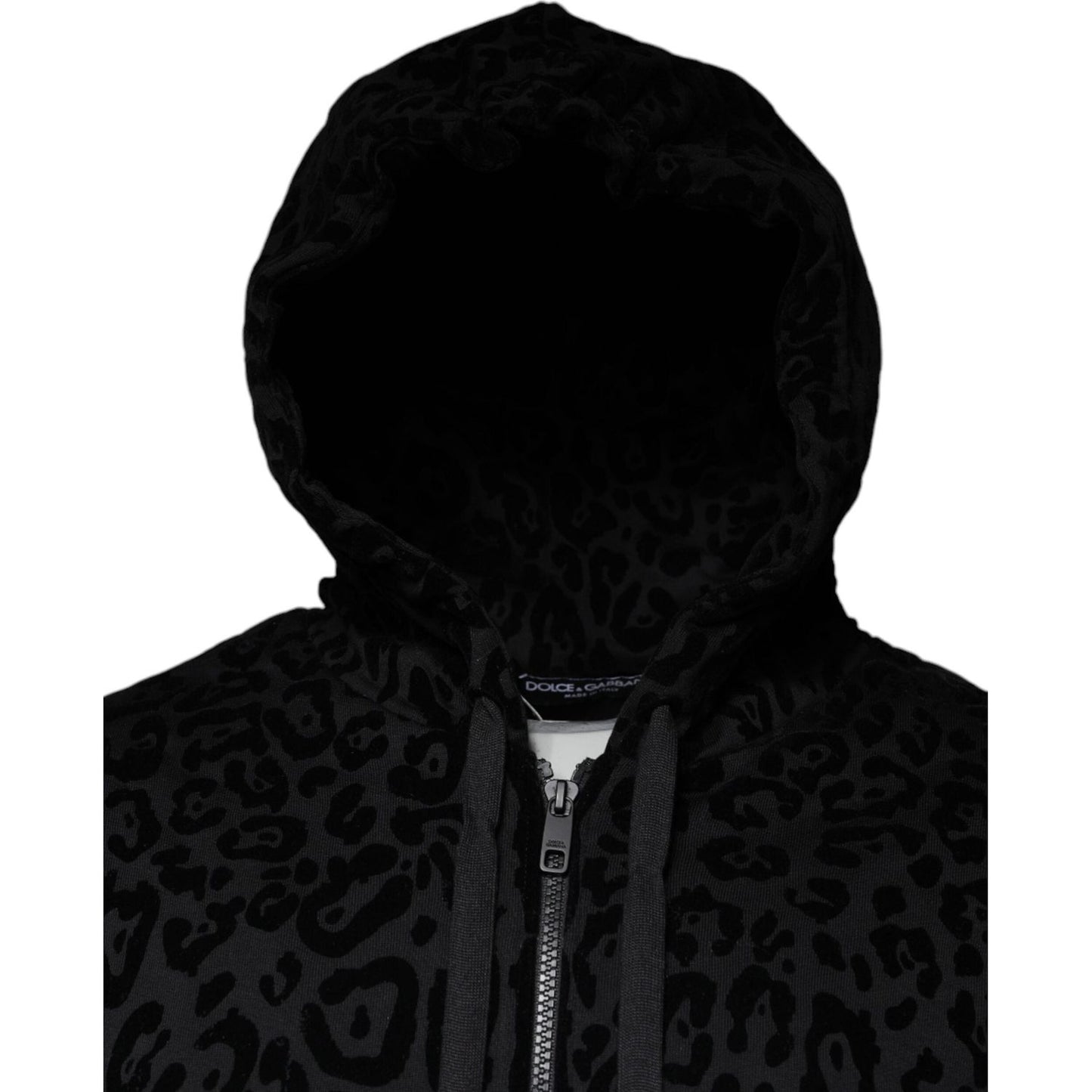Dolce & Gabbana Black Leopard Cotton Hooded Full Zip Sweater Dolce & Gabbana Black