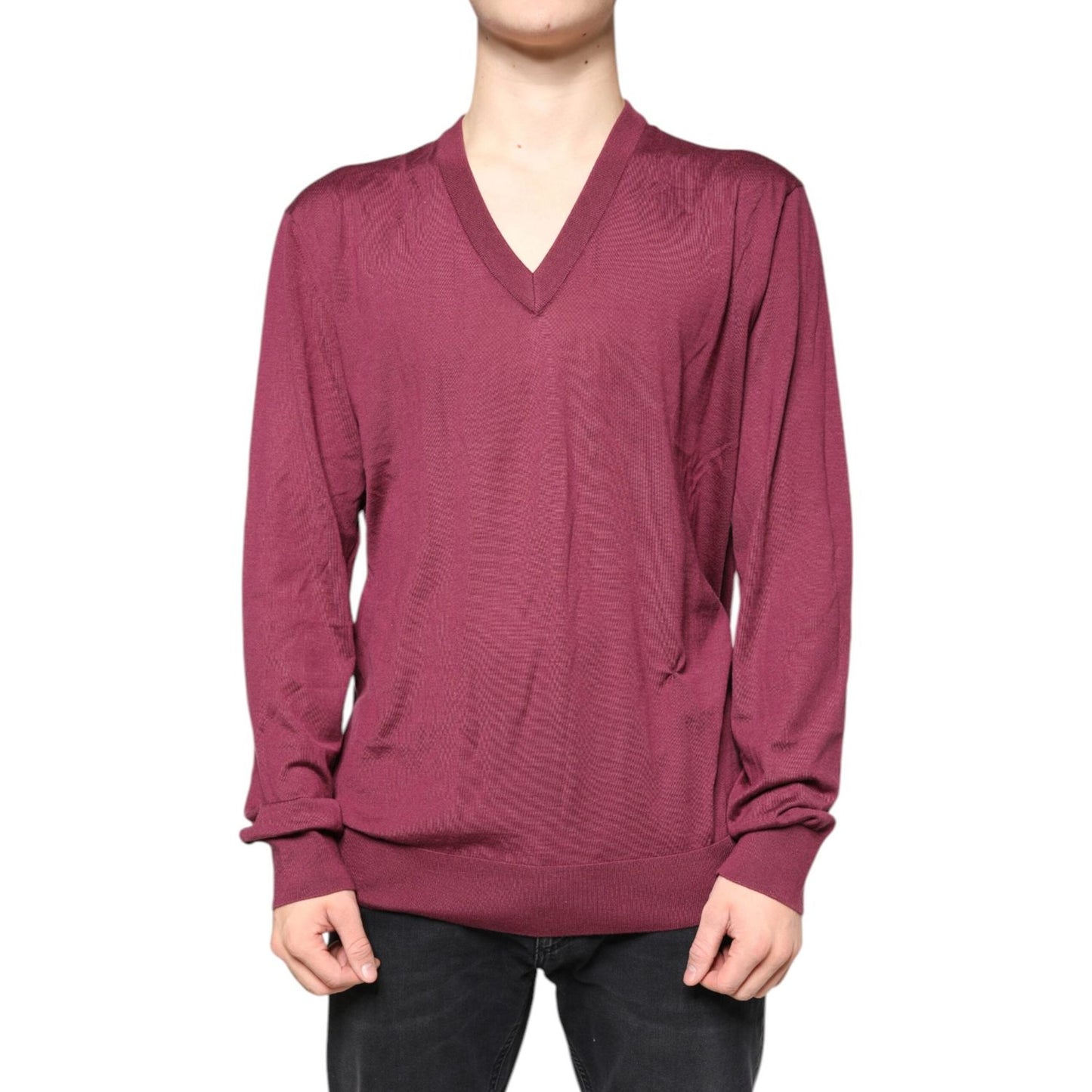 Dolce & Gabbana Maroon Cashmere V-neck Men Pullover Sweater Dolce & Gabbana Maroon