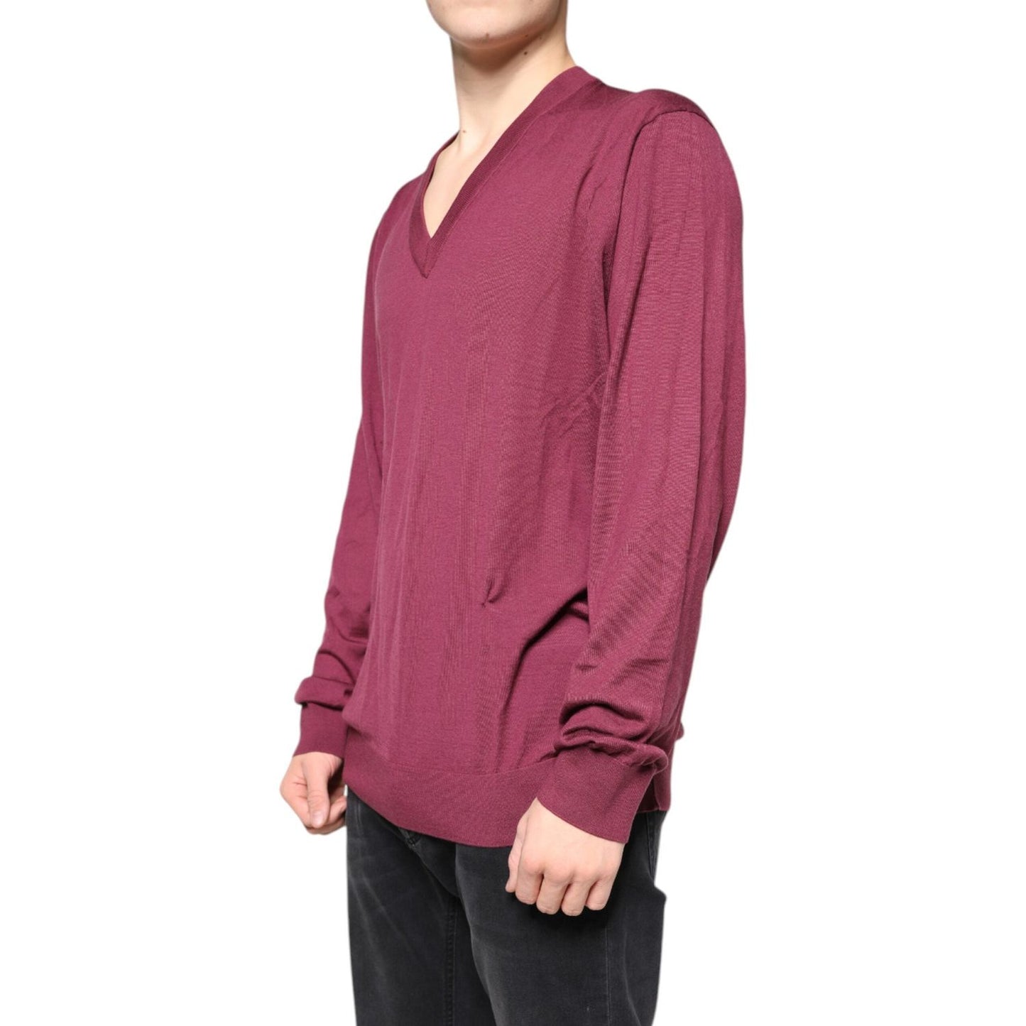 Dolce & Gabbana Maroon Cashmere V-neck Men Pullover Sweater Dolce & Gabbana Maroon