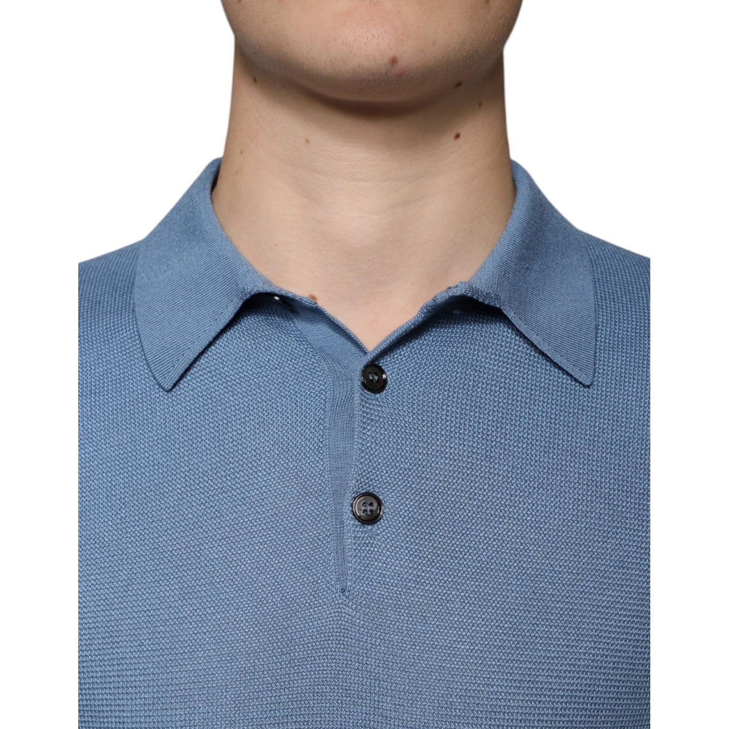 Dolce & Gabbana Sky Blue Silk Collared Men Pullover Sweater Dolce & Gabbana Slate Gray
