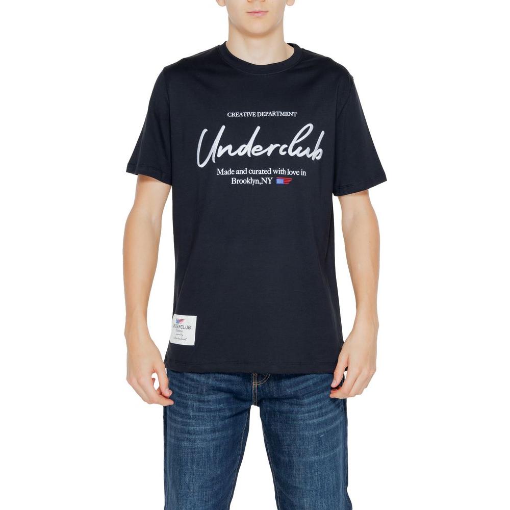 Man wearing Underclub black cotton T-shirt from Spring/Summer collection, featuring creative design, 100% cotton, casual fashion.