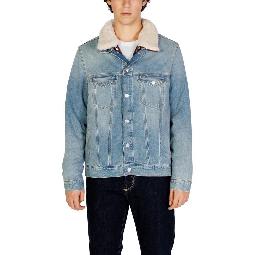 Men's light blue cotton jacket by Tommy Hilfiger, featuring a shearling collar, from the Fall/Winter collection. 80% cotton, 20% recycled cotton.
