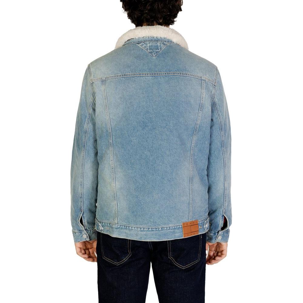 Back view of a Tommy Hilfiger light blue cotton jacket for men, featuring fall/winter collection design with 80% cotton and 20% recycled cotton.