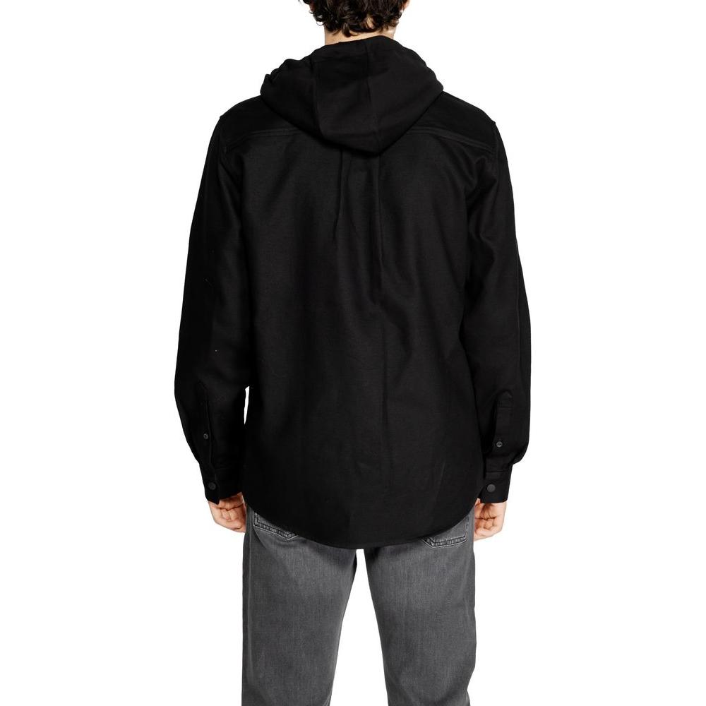 Back view of Antony Morato black cotton shirt for men, fall/winter collection 100% cotton, showcasing long sleeves and hood.