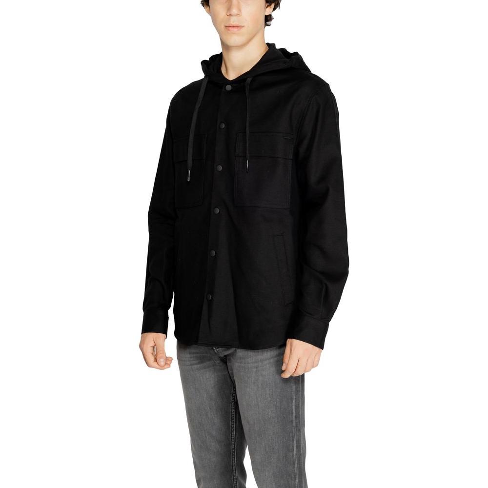 Antony Morato black cotton shirt for men, fall/winter collection, featuring a hood and buttoned front.