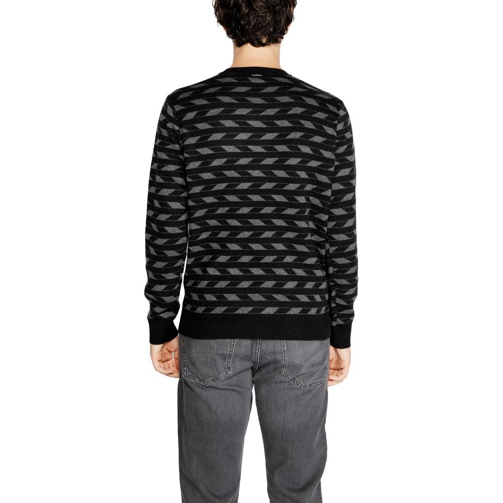 Back view of Antony Morato black acrylic sweater with geometric pattern, men's fall/winter knitwear.