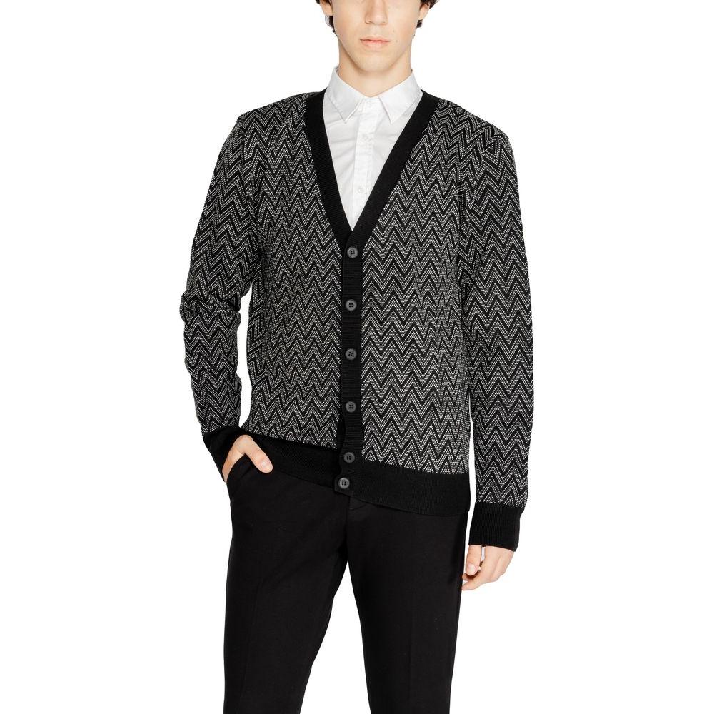 Antony Morato black mohair cardigan for men, featuring a zigzag pattern. Autumn/Winter knitwear collection, mohair and acrylic blend.