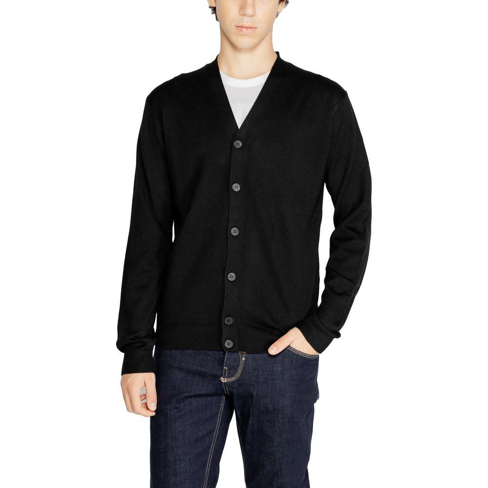 Men's Hamaki-Ho black viscose cardigan, fall/winter collection, featuring button front, 70% viscose and 30% nylon knitwear.