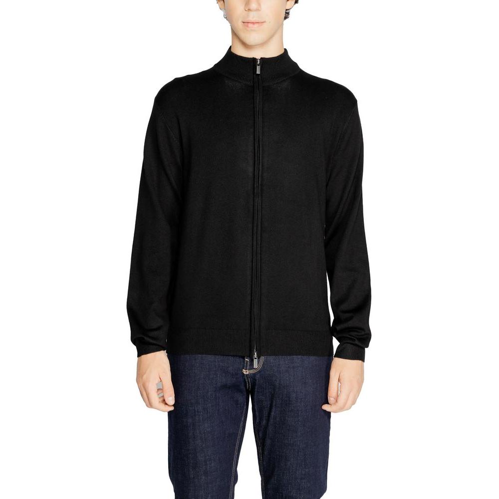 Hamaki-Ho men's black viscose cardigan for fall/winter collection, made of 70% viscose and 30% nylon, featuring a full zip front.