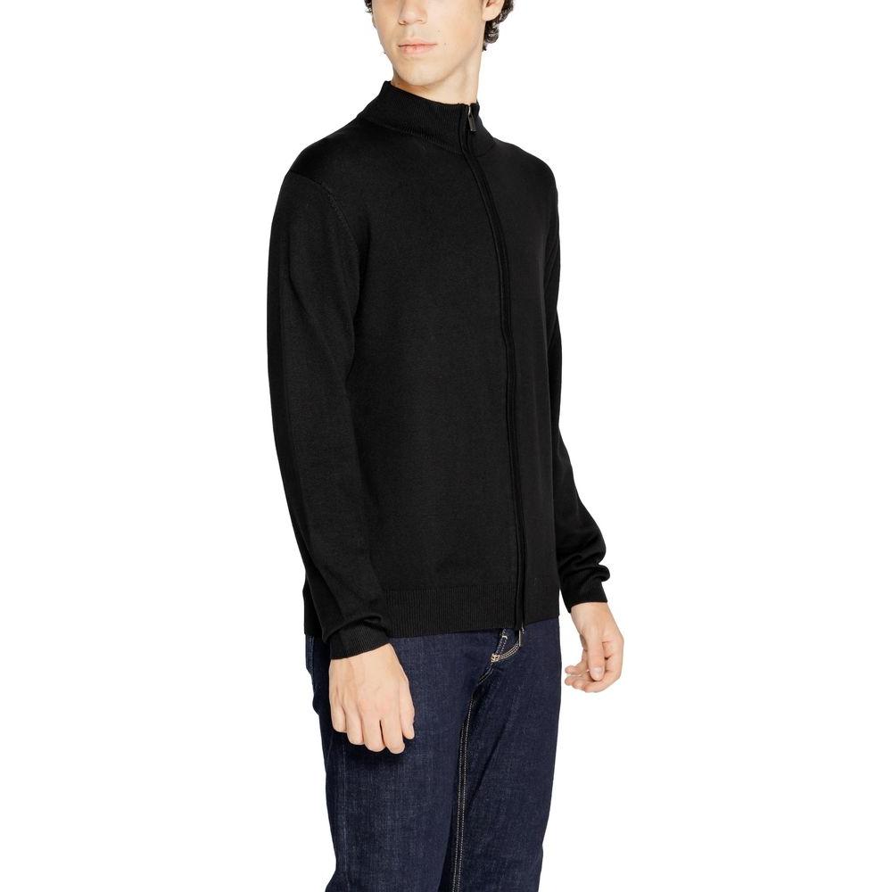 Men's black viscose cardigan by Hamaki-Ho for fall/winter, featuring 70% viscose and 30% nylon composition, perfect knitwear piece