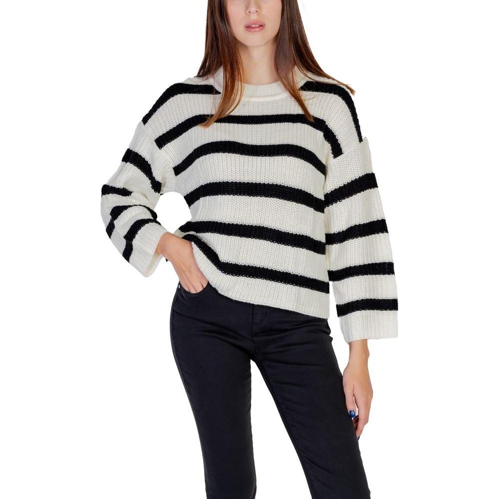 Cream acrylic sweater by Jacqueline De Yong, featuring black horizontal stripes, part of the women's fall/winter knitwear collection.