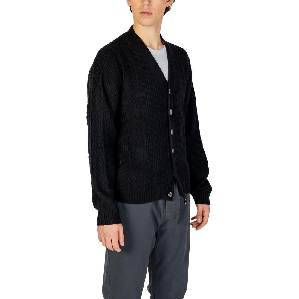Men's Hamaki-Ho black polyester cardigan, fall/winter knitwear with button front, composed of polyester, acrylic, nylon, and wool.