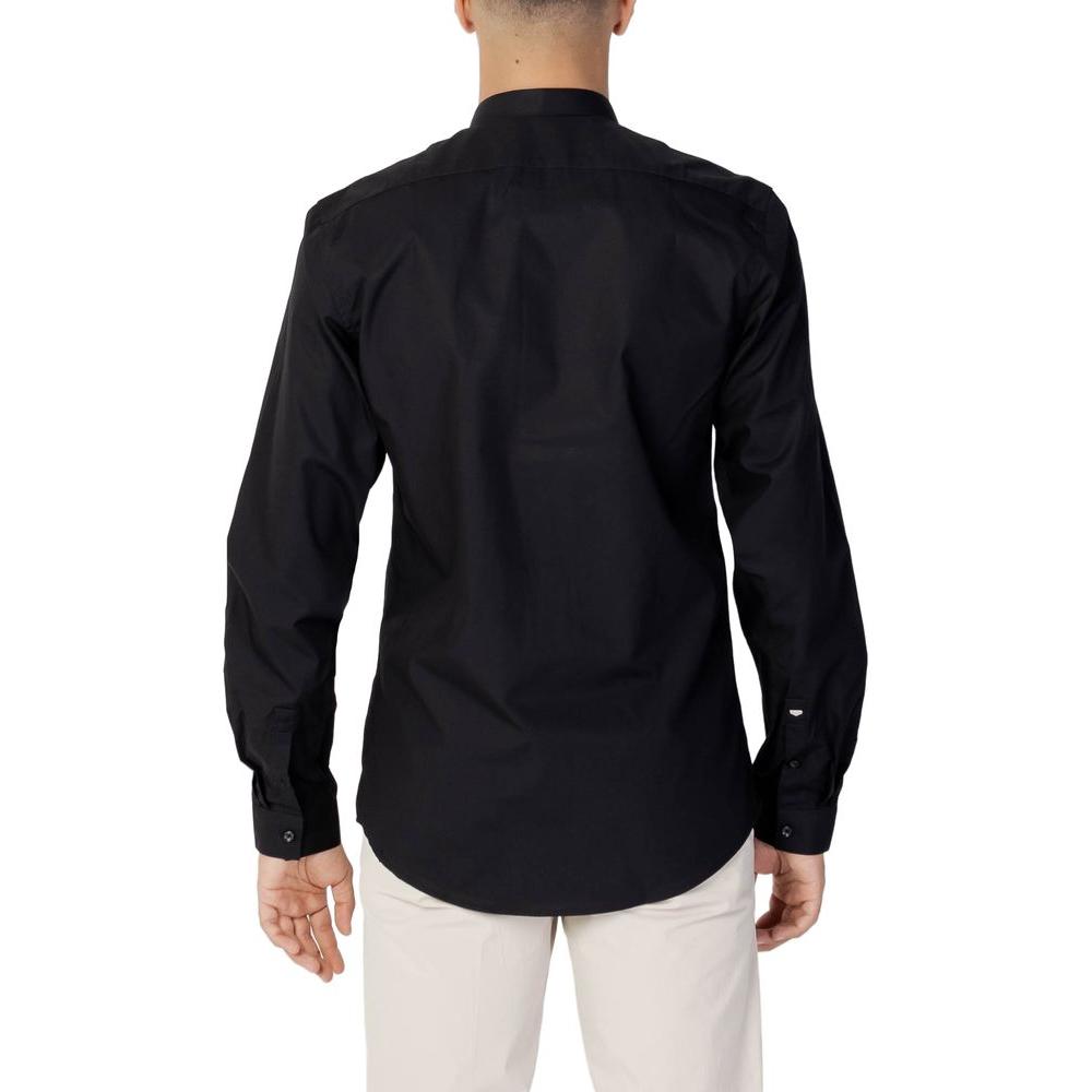 Back view of Antony Morato black cotton slim fit shirt for men with long sleeves and buttoned cuffs.