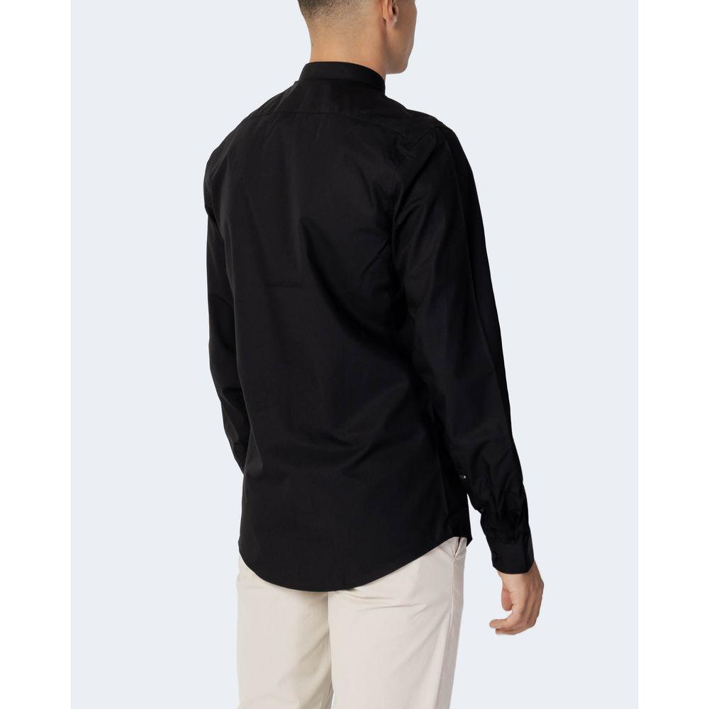 Back view of Antony Morato black cotton shirt with slim fit design, button closure, and refined collar for men.