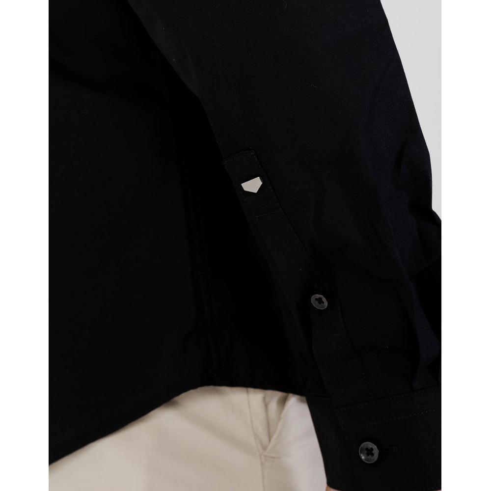 Close-up of Antony Morato Black Cotton Shirt sleeve, featuring button closure and slim fit design for formal and casual occasions.