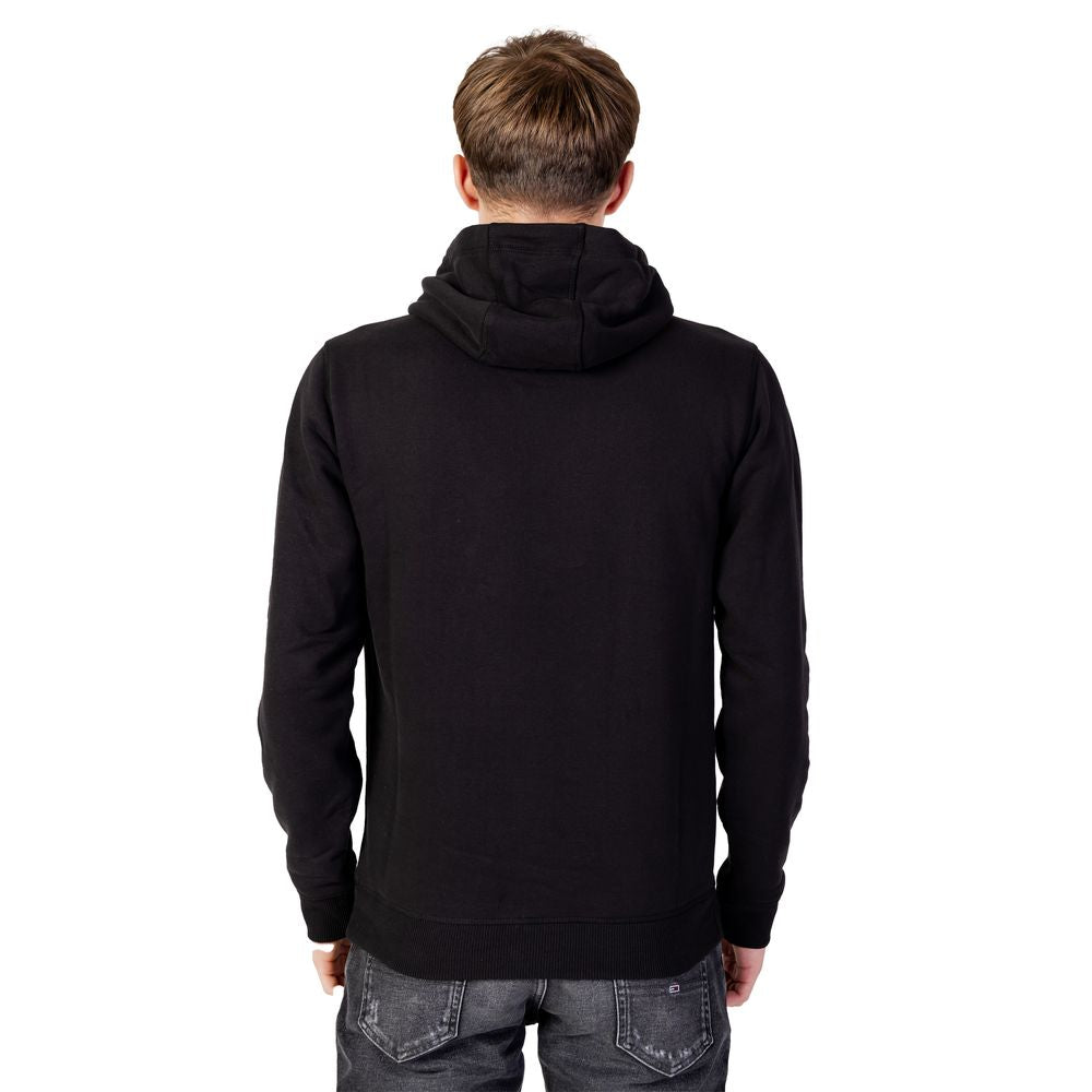 Back view of black Tommy Hilfiger organic cotton sweater, men's fall/winter collection, with hoodie