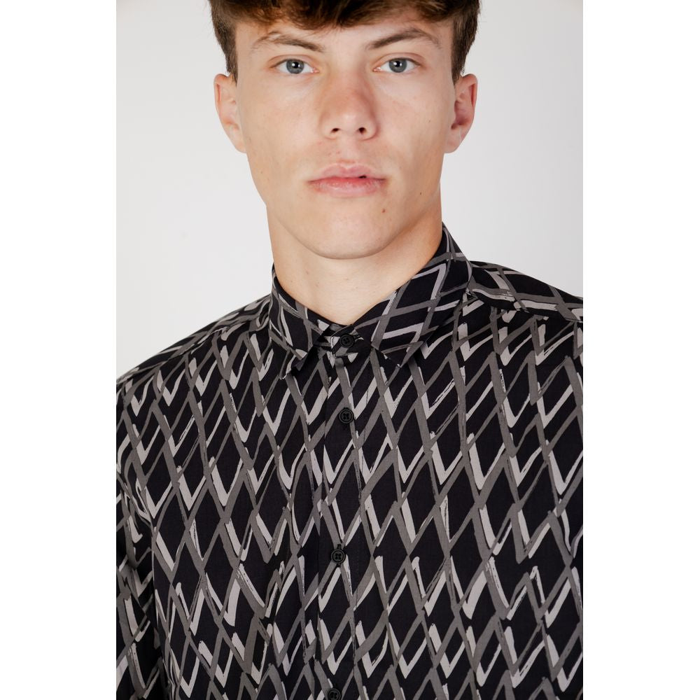 Men's long sleeve Antony Morato black cotton shirt, geometric pattern, for fall/winter fashion collection.