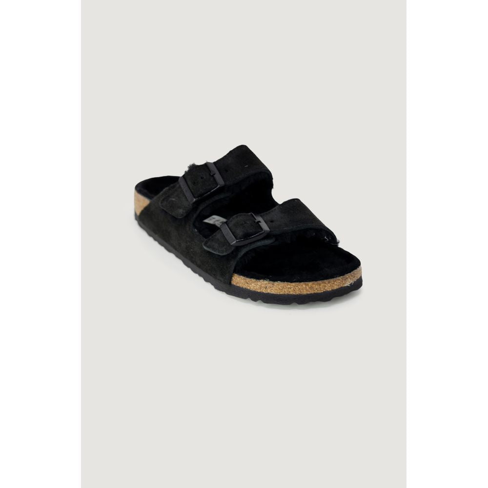 Birkenstock black suede leather sandal for women, featuring comfort fit, two straps, and fall/winter collection style.