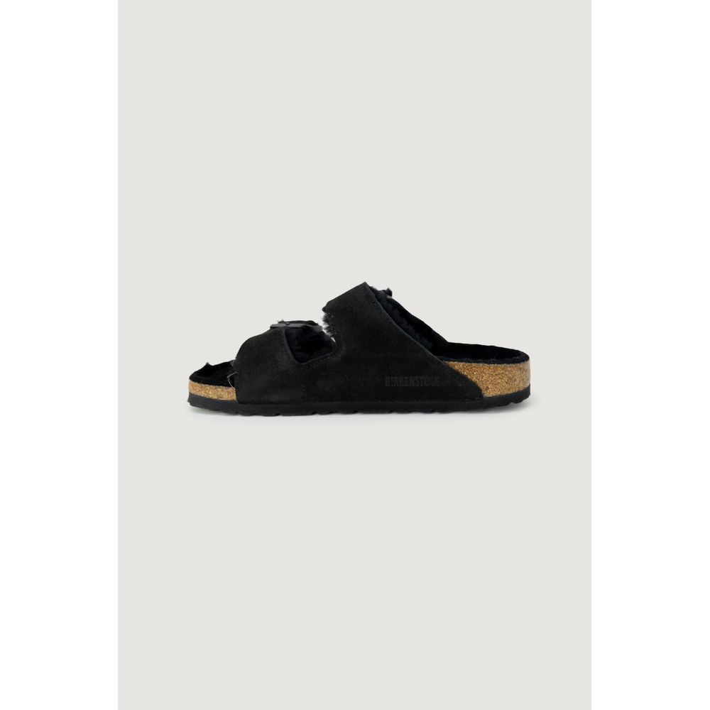 Women's Birkenstock black suede leather sandal, fall/winter collection, featuring 40% suede, 50% Birko-Flor, and 10% rubber.
