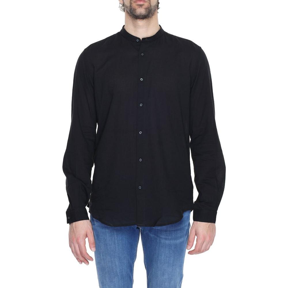 Antony Morato black cotton long sleeve men's shirt, spring/summer collection, worn by model, front view.