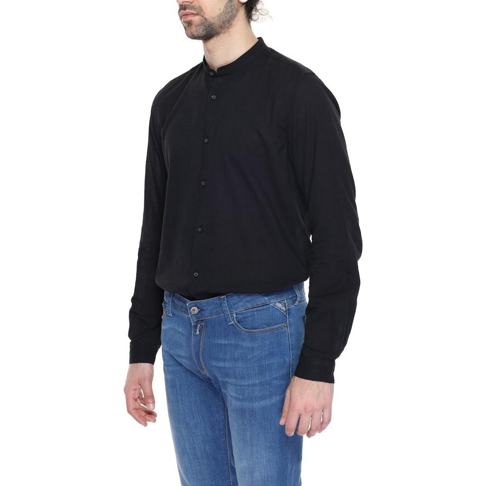 Antony Morato black long sleeve cotton shirt for men, spring/summer collection, shown on model