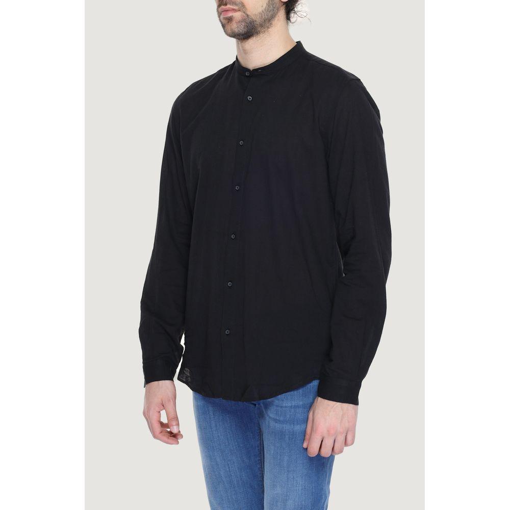 Antony Morato black cotton long sleeve men's shirt, spring/summer collection, modeled with jeans.