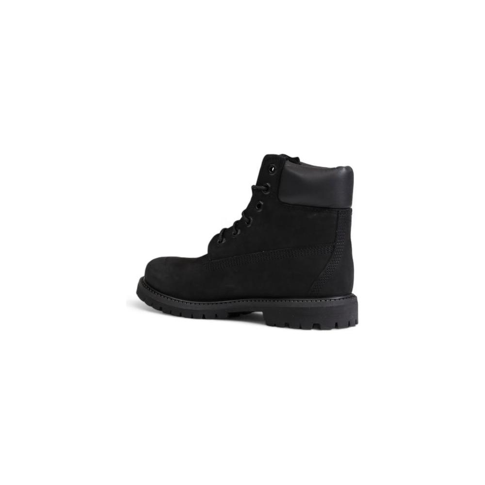 Side view of Timberland 6-inch black recycled leather waterproof boot with rubber sole for women.