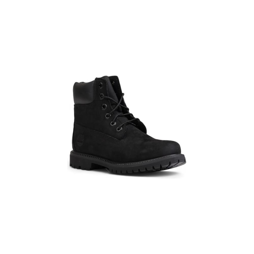 Alt Tag: Timberland Black Recycled Leather Boot, waterproof women's 6-inch lace-up with rubber sole for grip, eco-friendly materials.
