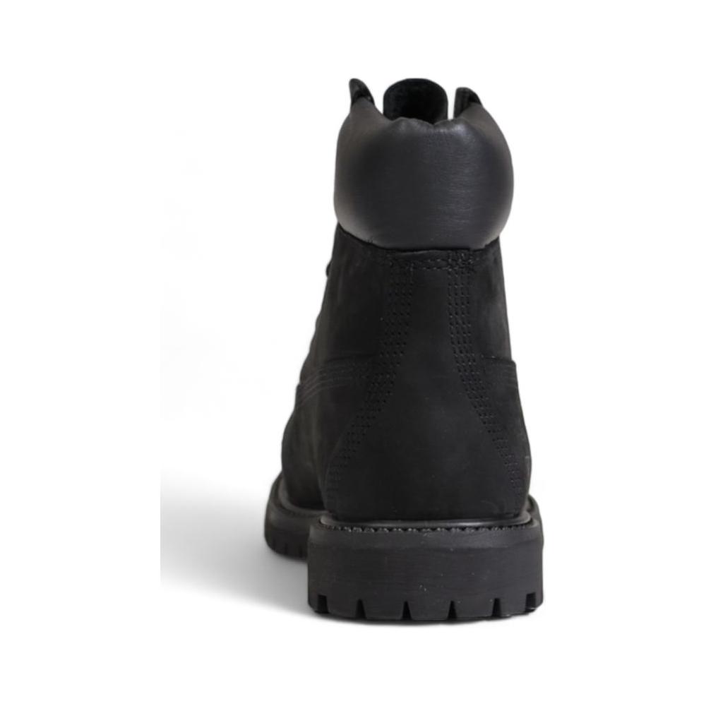 Rear view of Timberland Black Recycled Leather Boot showcasing durable heel and eco-friendly materials