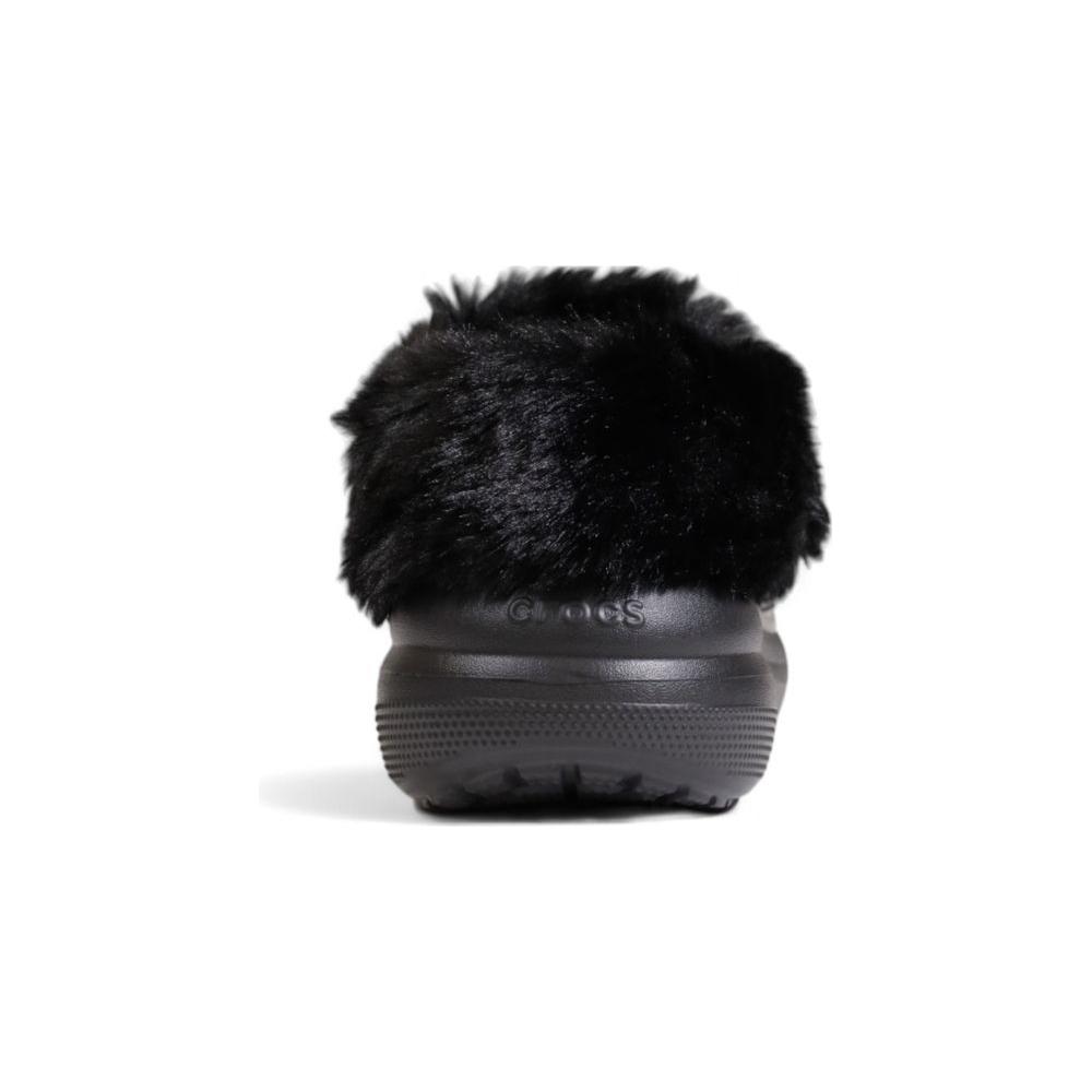 Black Crocs Furever Crush Sandal with faux fur lining and synthetic sole, rear view.