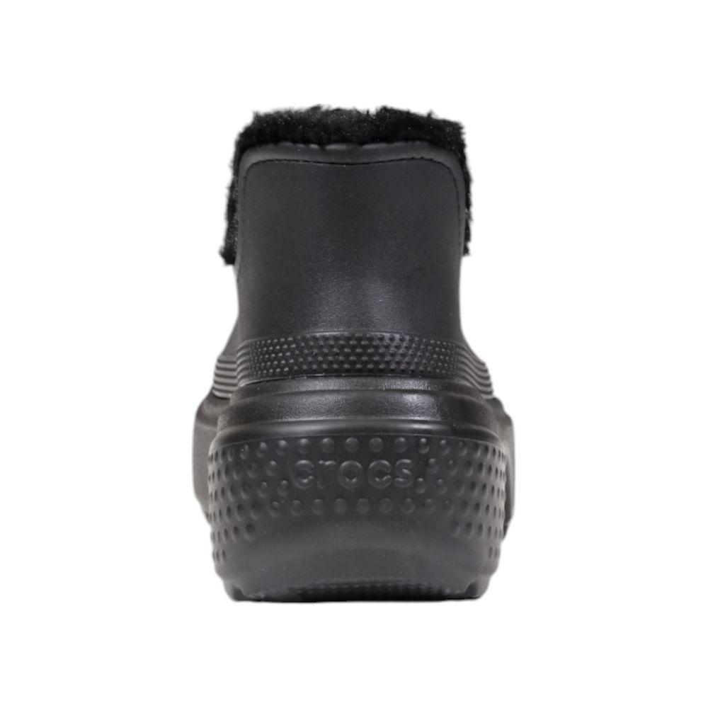 Rear view of Crocs Black Croslite Boot with soft lining, showing durable sole and innovative lightweight design for comfort.