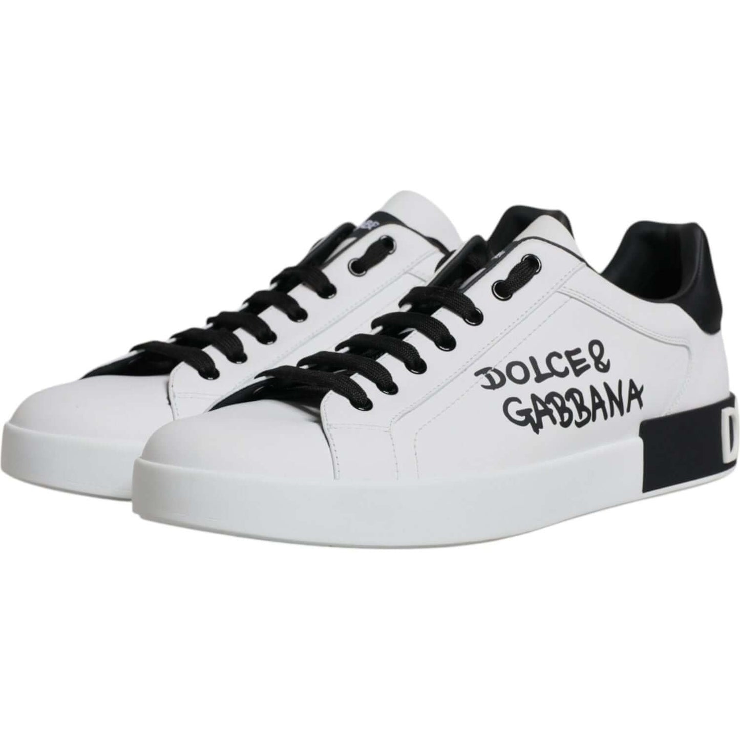 Dolce & Gabbana Portofino sneakers in white calf leather with black logo details and rubber sole, showcasing high craftsmanship.