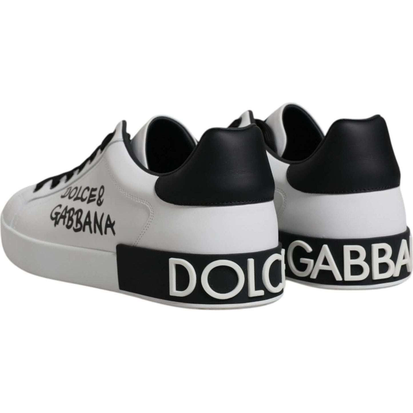 Dolce & Gabbana White Leather Logo Portofino Sneakers with Black Accents and Rubber Sole