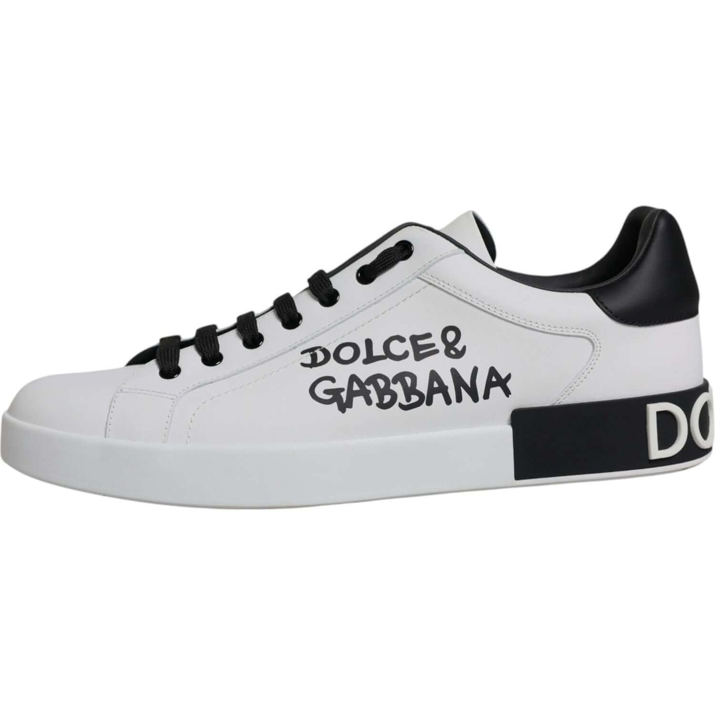 Dolce & Gabbana Portofino white leather sneakers with black logo, lace-up closure, and rubber sole, Italian craftsmanship.