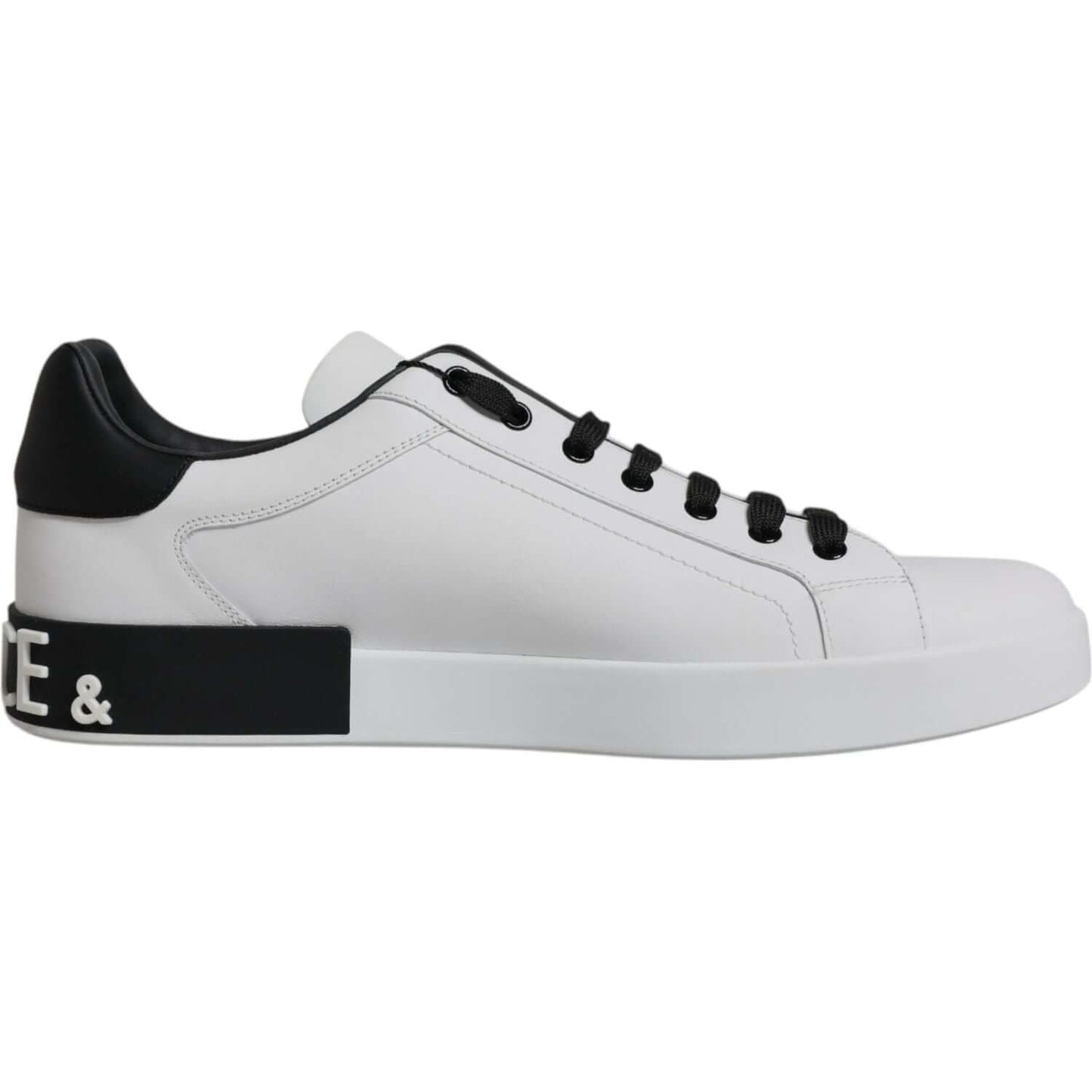 Dolce & Gabbana Portofino white leather sneakers with black accents, rubber sole, and logo details, showcasing Italian craftsmanship.