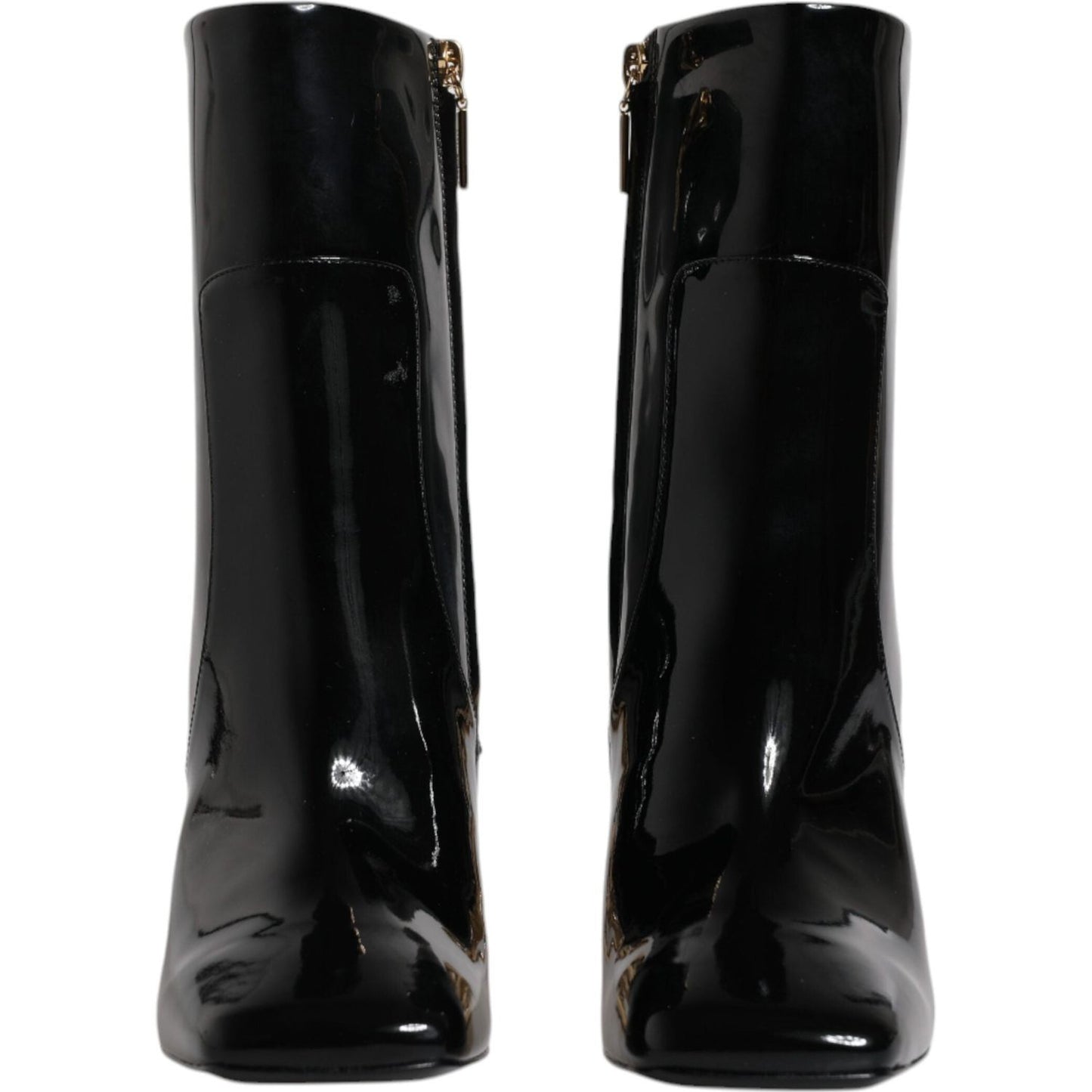 Dolce & Gabbana black leather mid-calf boots with side zipper, exclusive Italian craftsmanship, high-polish finish, logo detail.