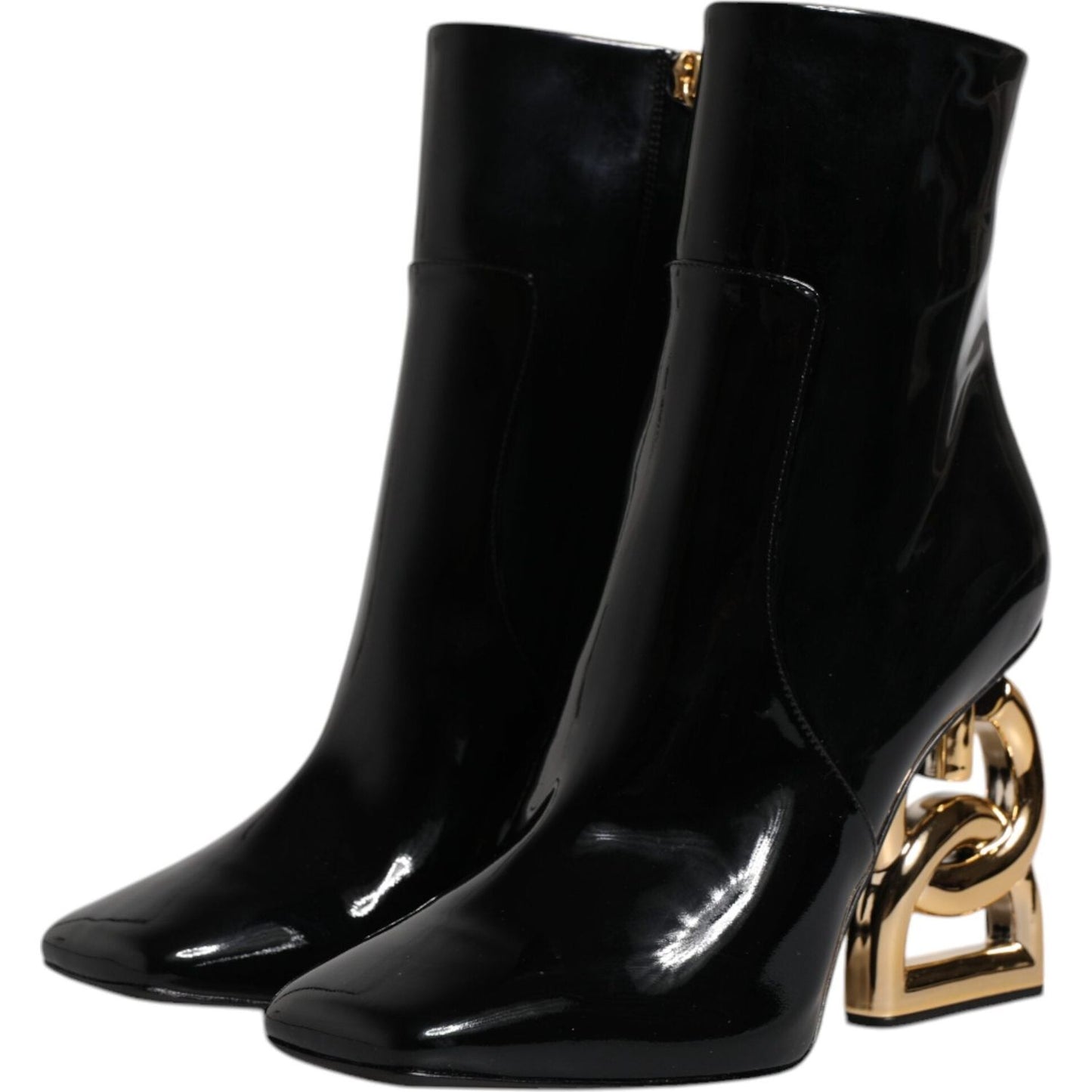 Dolce & Gabbana black mid calf boots with gold logo heel, calf leather, side zipper, high craftsmanship, made in Italy.