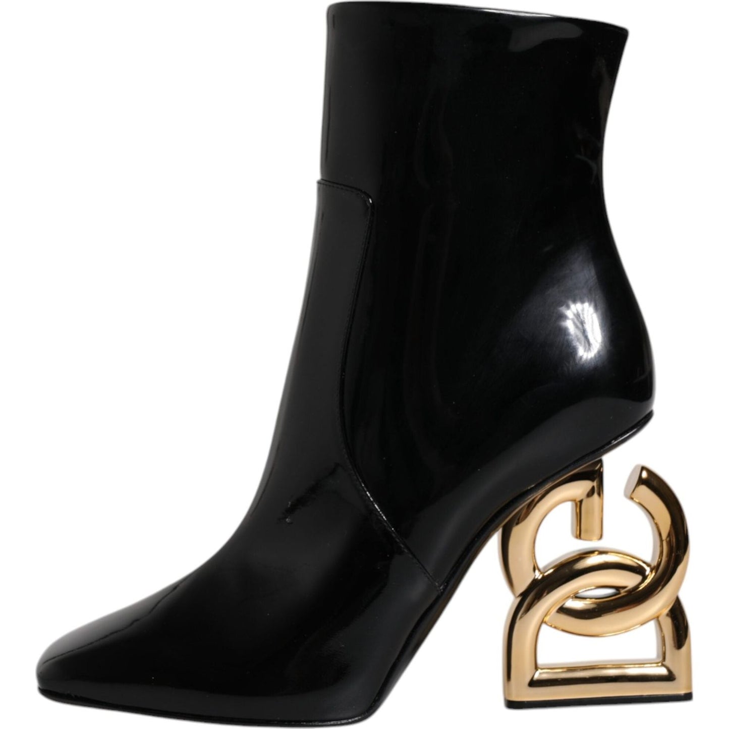Dolce & Gabbana Black Jackie Leather Mid Calf Boots with Gold Heel, Side Zipper, Italian Made, Luxury Footwear