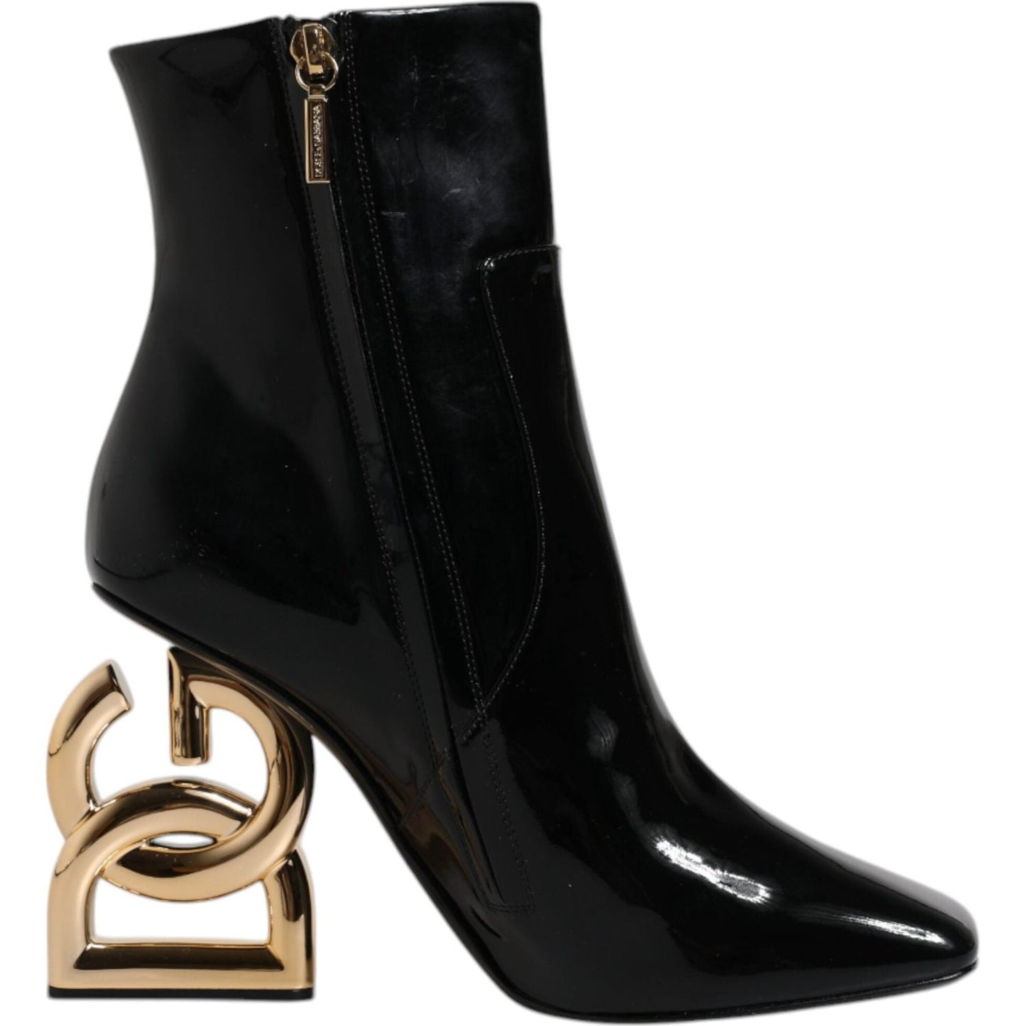 Dolce & Gabbana black Jackie leather mid-calf boots with unique gold heel, crafted in Italy. High craftsmanship, side zipper closure.