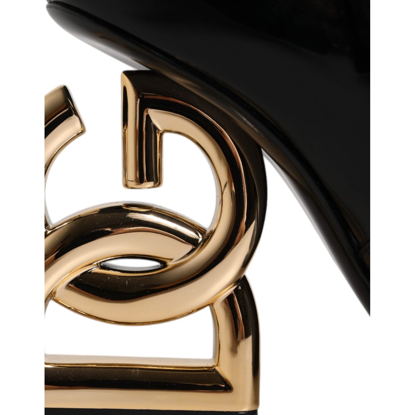 Close-up of Dolce & Gabbana Black Jackie Leather Mid Calf Boot with gold logo heel detail.