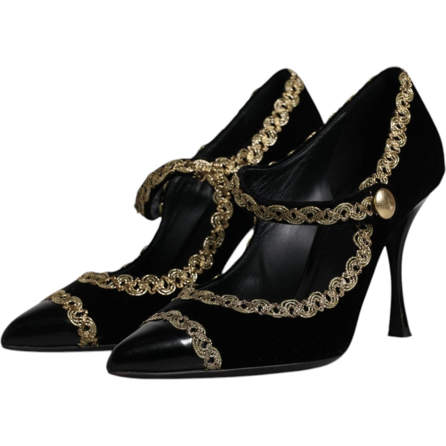 Dolce & Gabbana Black Velvet Gold Mary Janes Pumps Shoes Dolce & Gabbana Black