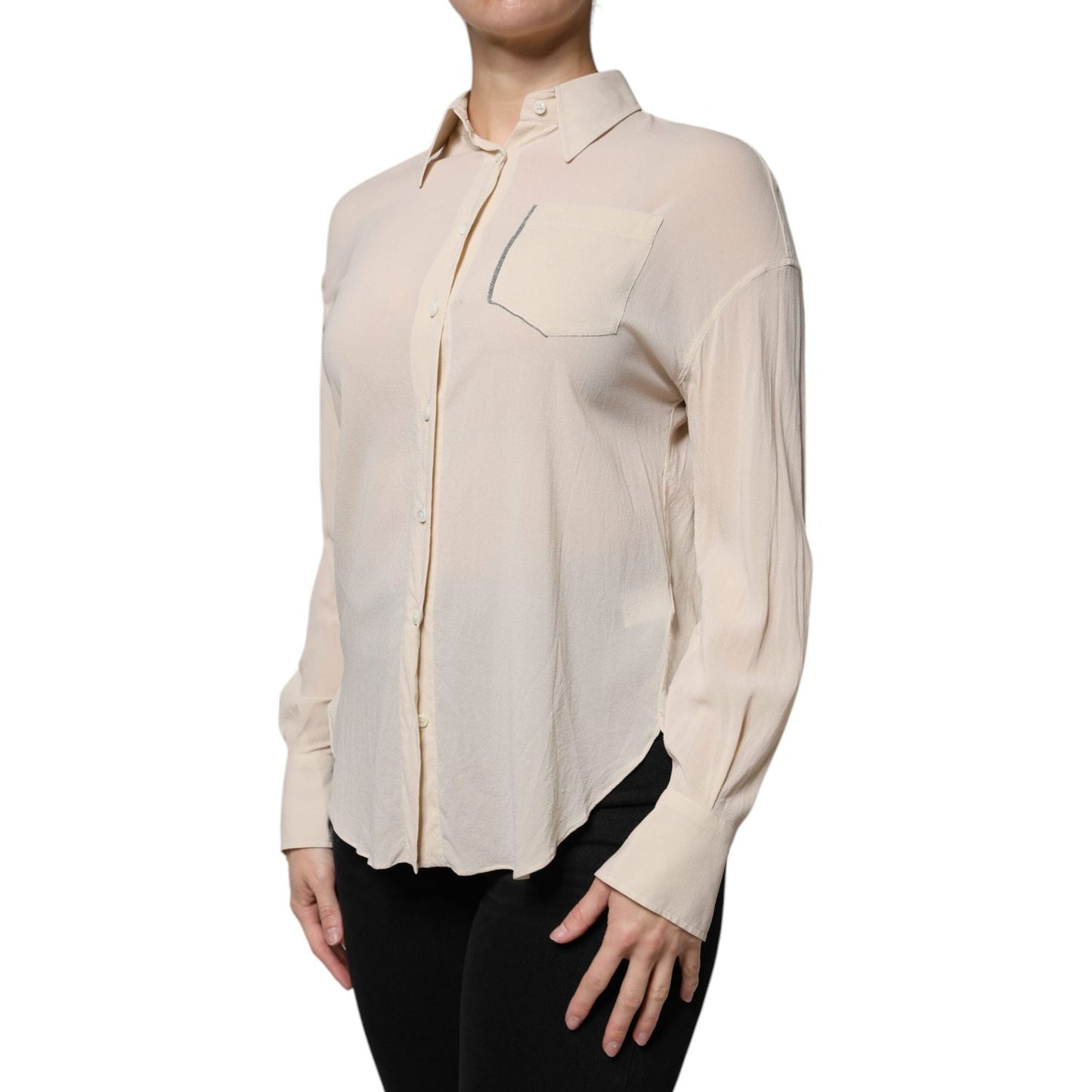 Brunello Cucinelli Beige Silk Blend Collared Button Down Top Brunello Cucinelli Gray