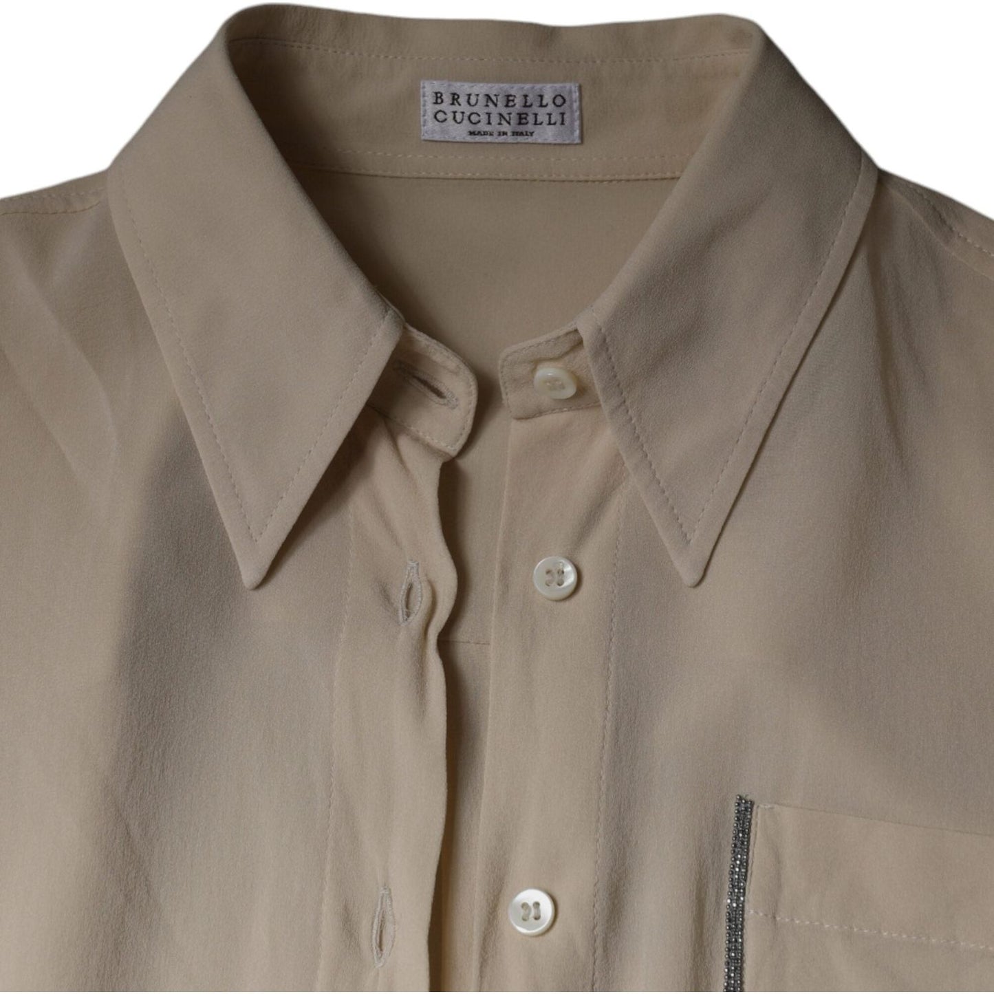 Brunello Cucinelli Beige Silk Blend Collared Button Down Top Brunello Cucinelli Dim Gray