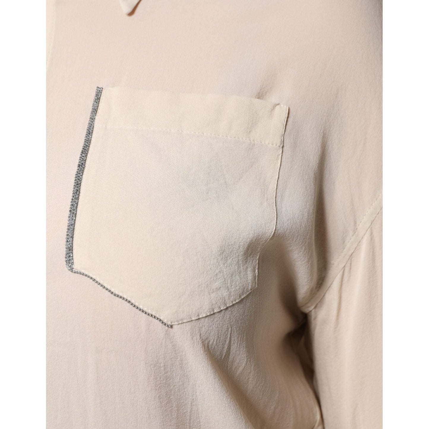 Brunello Cucinelli Beige Silk Blend Collared Button Down Top Brunello Cucinelli Light Gray
