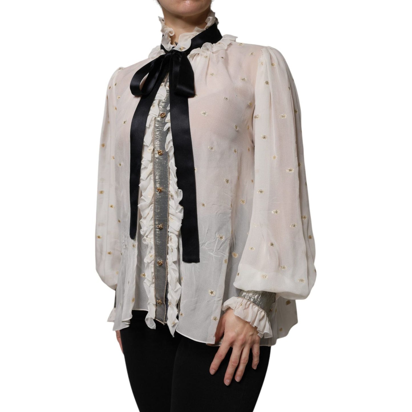 Dolce & Gabbana Off White Silk Blend Ascot Collar Blouse Top Dolce & Gabbana Dark Gray