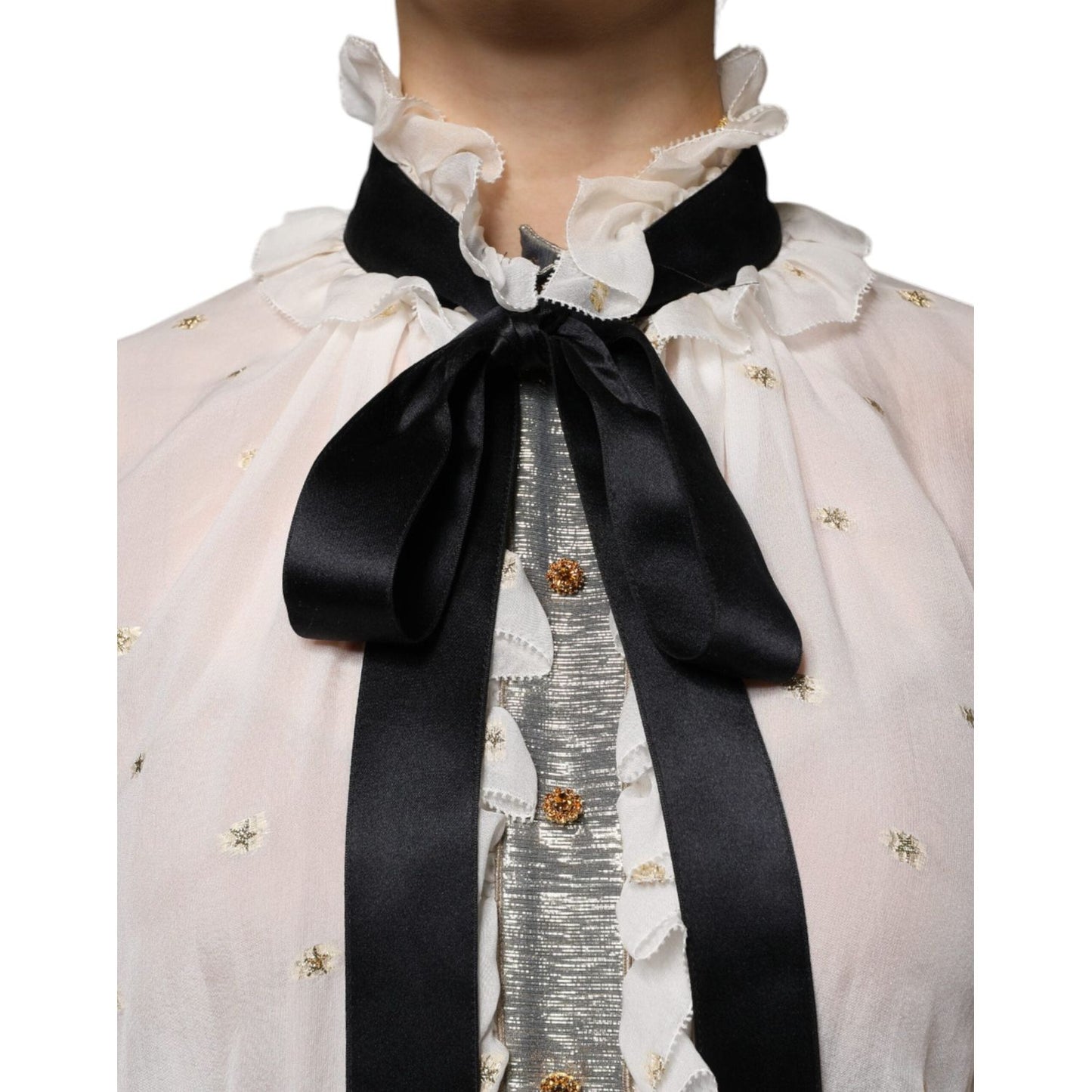 Dolce & Gabbana Off White Silk Blend Ascot Collar Blouse Top Dolce & Gabbana Black