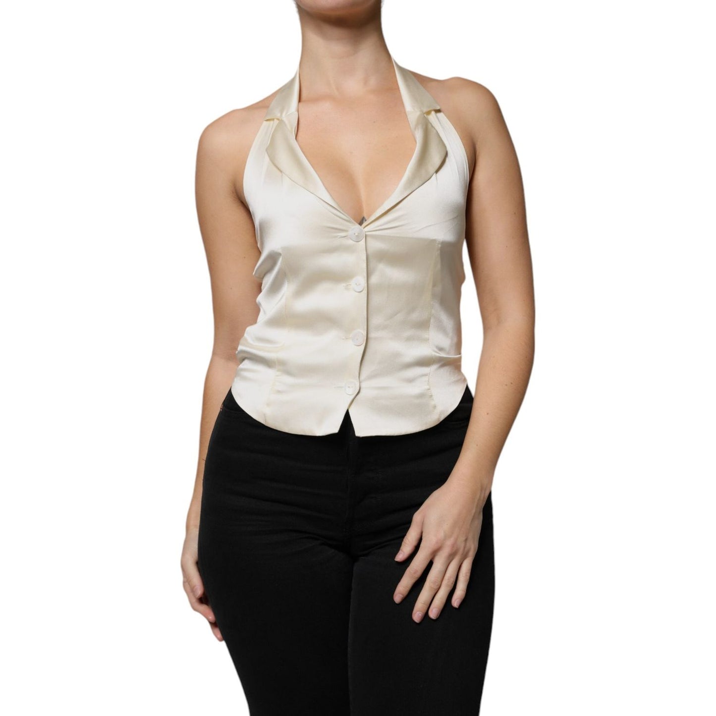 L'Autre Chose Off White Silk Sleeveless Buttoned Halter Top L'Autre Chose Black