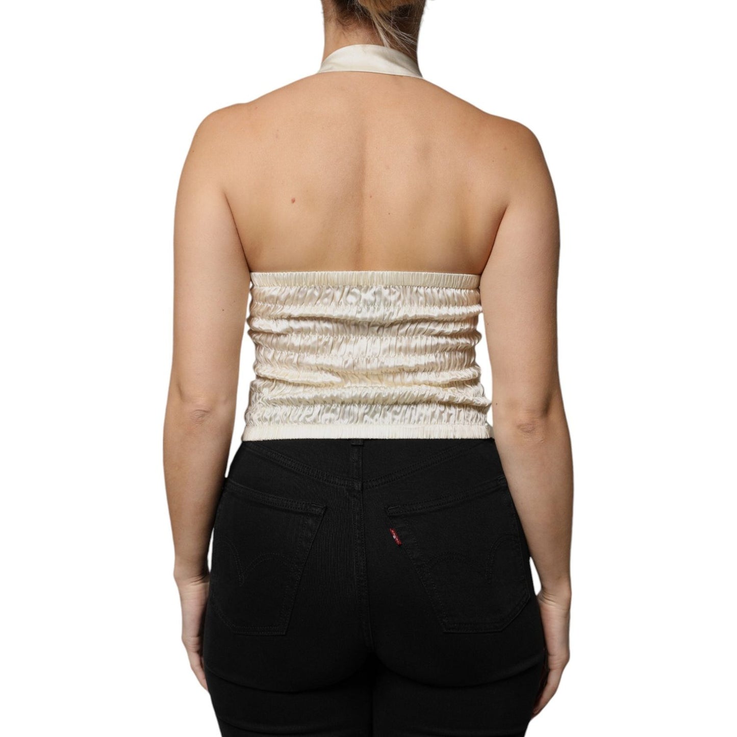 L'Autre Chose Off White Silk Sleeveless Buttoned Halter Top L'Autre Chose Rosy Brown
