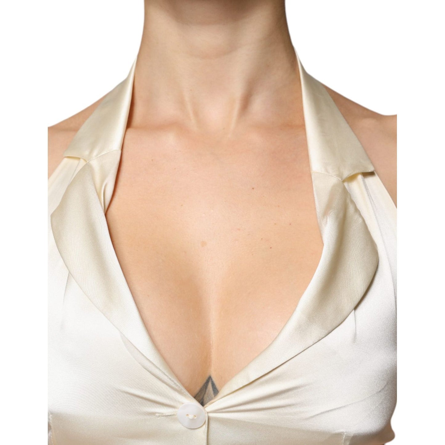 L'Autre Chose Off White Silk Sleeveless Buttoned Halter Top L'Autre Chose Tan
